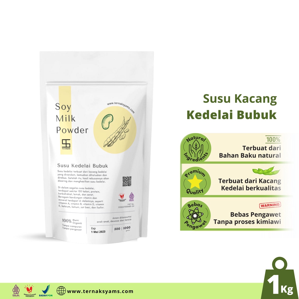 Ternak Syams - Soy Milk Powder Syams 1000 gram Susu Sari Kacang Kedelai Bubuk 1 Kg Whey protein gym Organik Pure Raw Natural Alami Murni Tanpa campuran tanpa gula tanpa pengawet halal kiloan mentah non msg BPOM sugar free