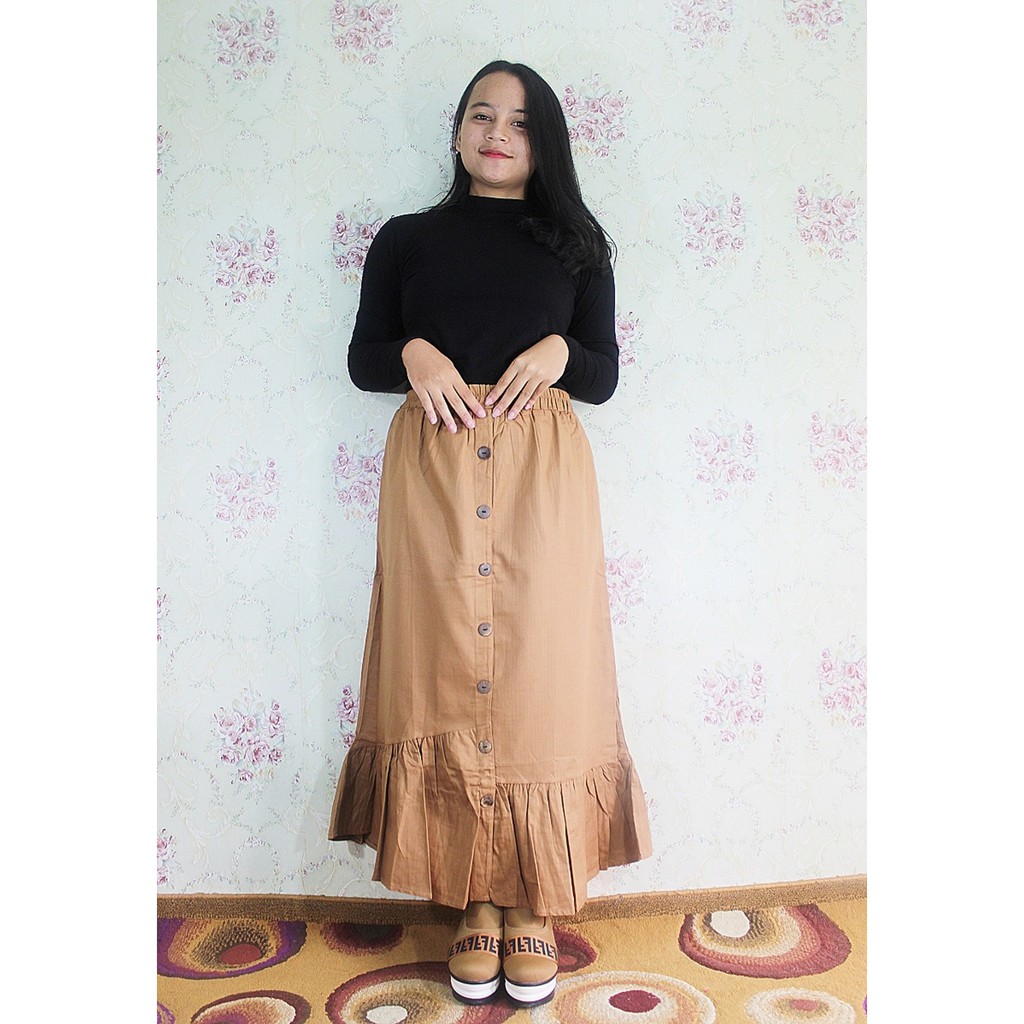 Rok Panjang Terbaru Wanita Bahan Katun Motif Ruffle Rok Jingjet Milo Maxi Skirt Pinggang Karet