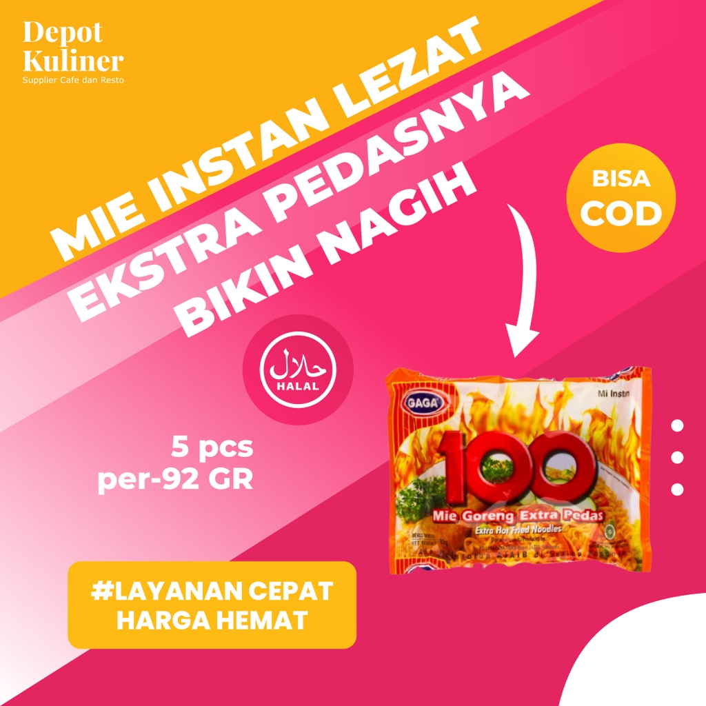 5 Pcs Mie Instant Gaga 100 88 GR Goreng Ekstra Pedas