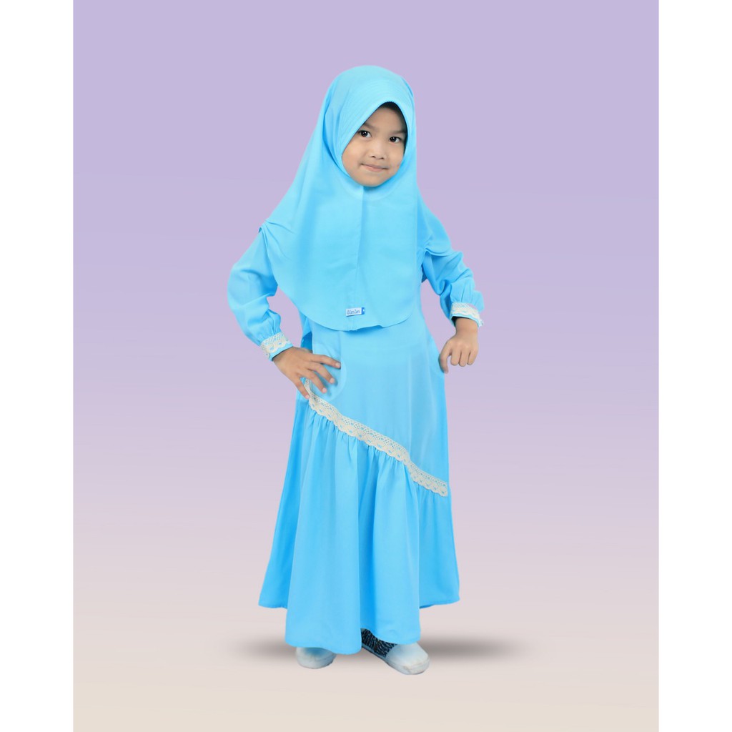 Salim Moslem-Busana Muslim/Gamis Anak Syari Renda Set Kerudung Jilbab Wolfis/toyobo Usia 1-10TH