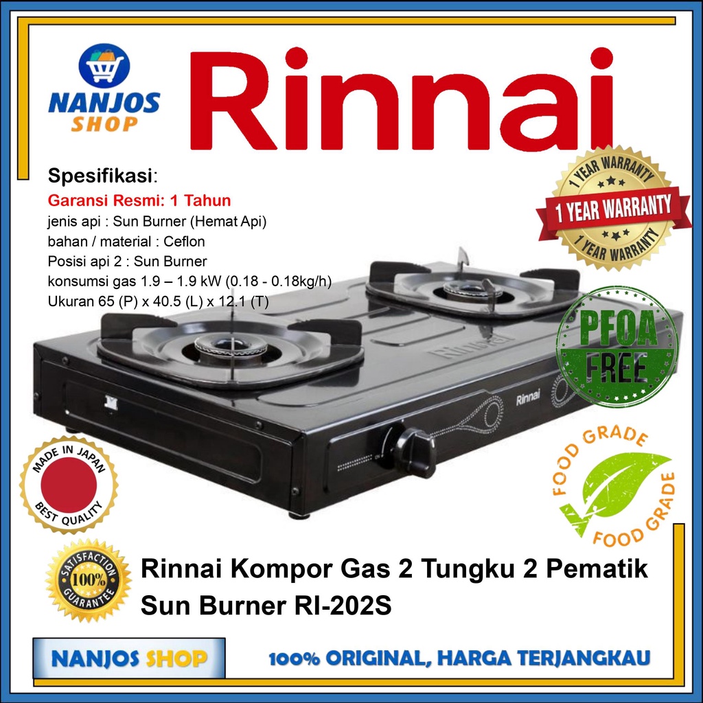 Rinnai Kompor Gas 2 Tungku 2 Pematik Sun Burner RI 202S RI-202S RI202S