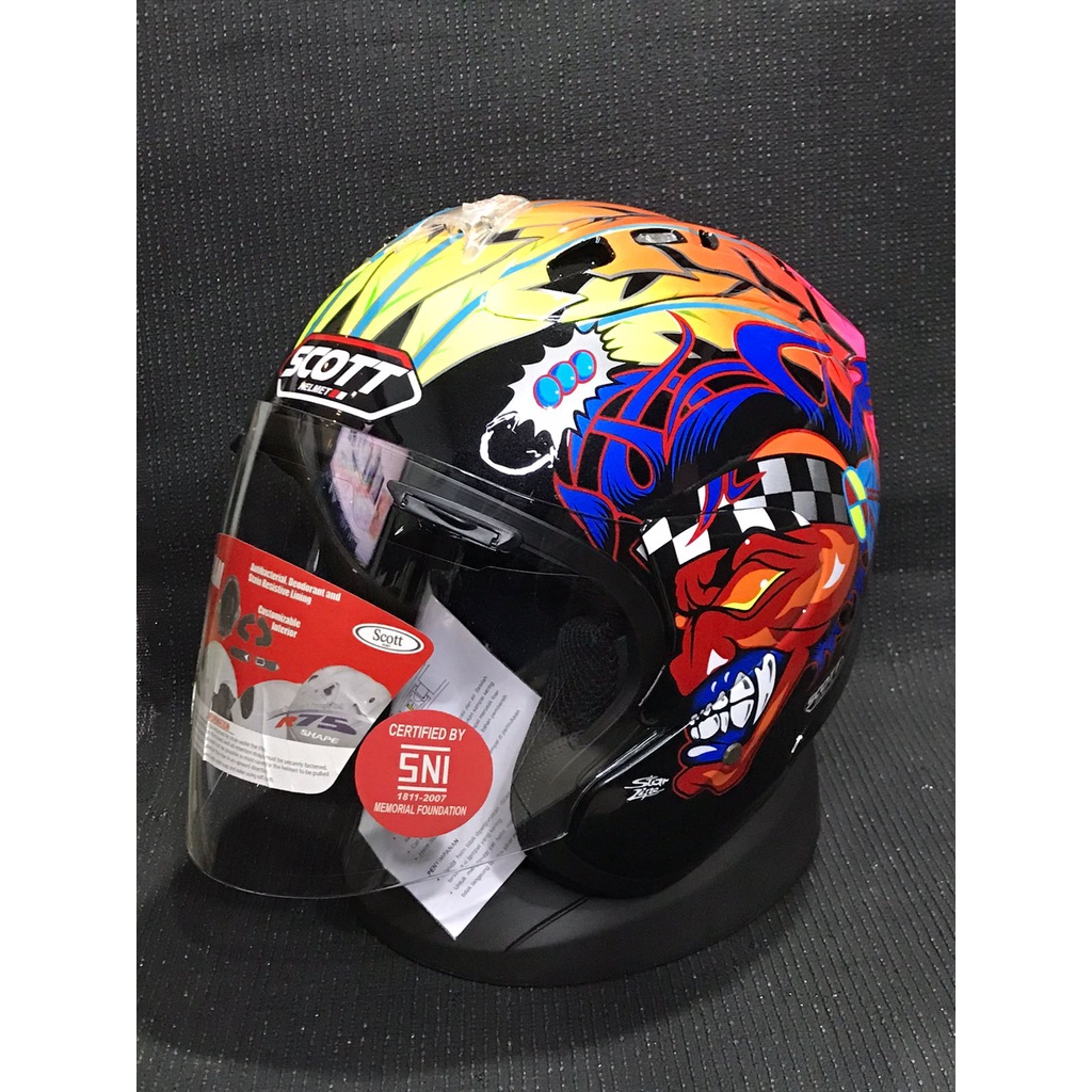 HELM SCOTT VZRAM / R5 / RAM 4 / HELM HALF FACE MOTIF RUSSEL HITAM dan RUSSEL PUTIH