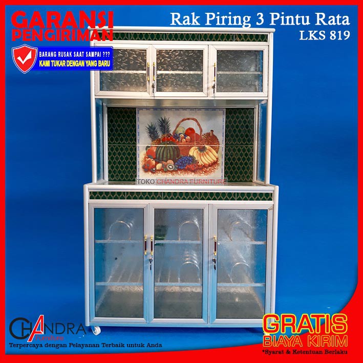 Lemari Rak Piring Keramik 3 Pintu Rata Kaca Motif LKS 819-106 "Super"