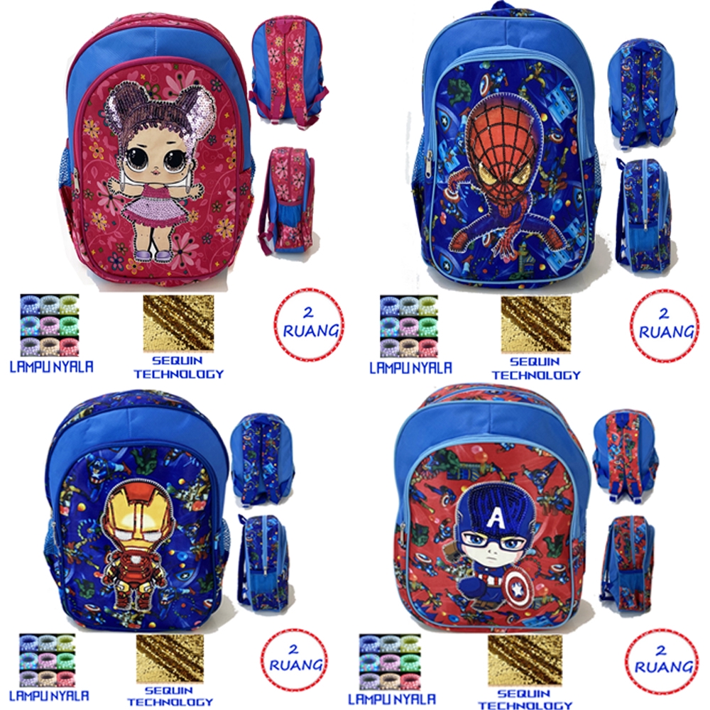 Tas Sequin + LAMPU LED Tas ransel sekolah anak sequin + lampu LED LOL IRONMAN SPIDERMAN CAPTAIN AMRIKA