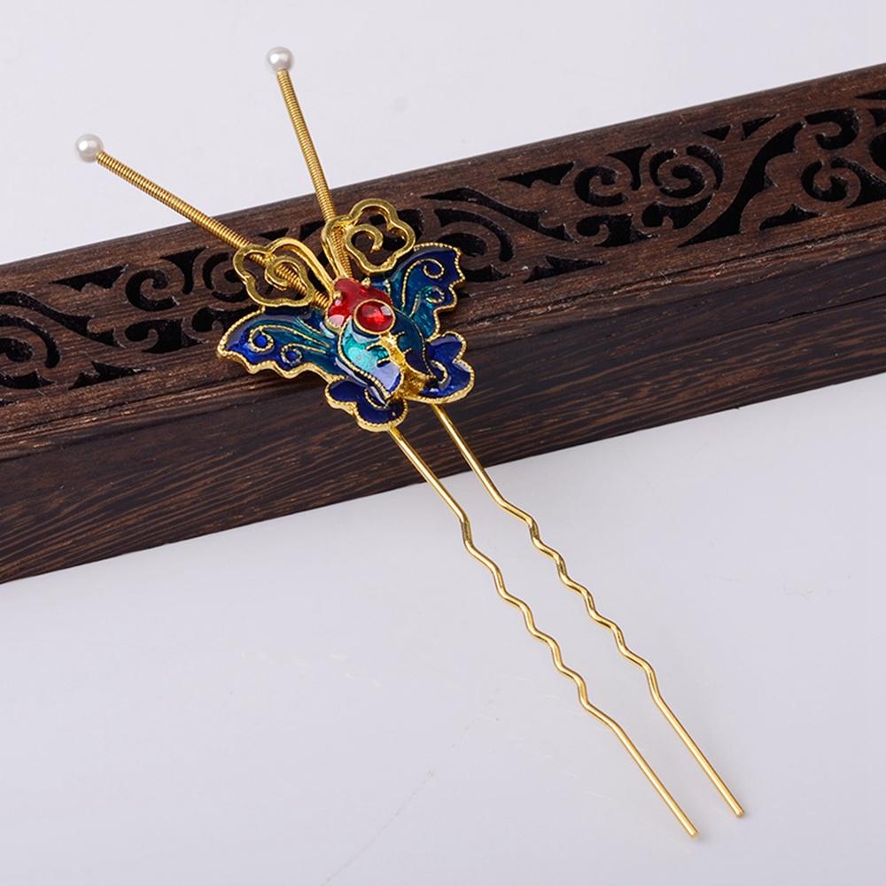 Needway Butterfly Hair Stick DIY Vintage Cloisonne Cina Untuk Wanita Cosplay Pin Rambut Tetes Minyak