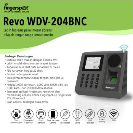 Mesin absensi Revo WDV 204BNC fingerprint telapak tangan Wifi Battery