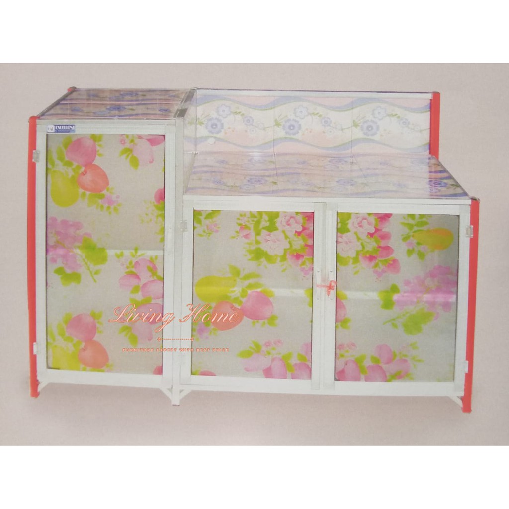 Meja Kompor 3 Pintu Keramik MC Lemari Dapur Keramik Rak Piring Gelas Magic com Aluminium Kaca