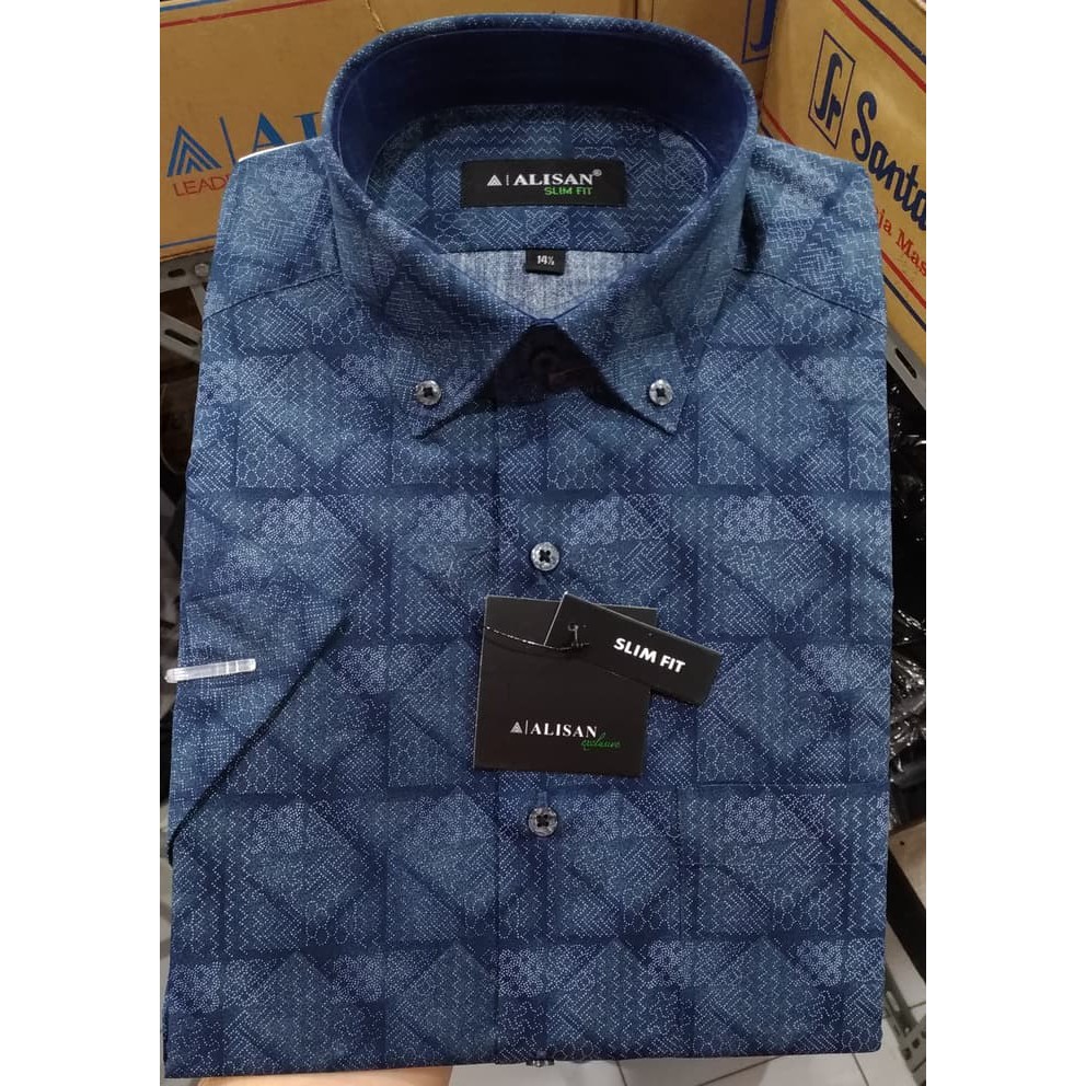 Alisan Kemeja Pria Pendek Slimfit Printing Biru Tua Abu Motif Aztec - Biru, S
