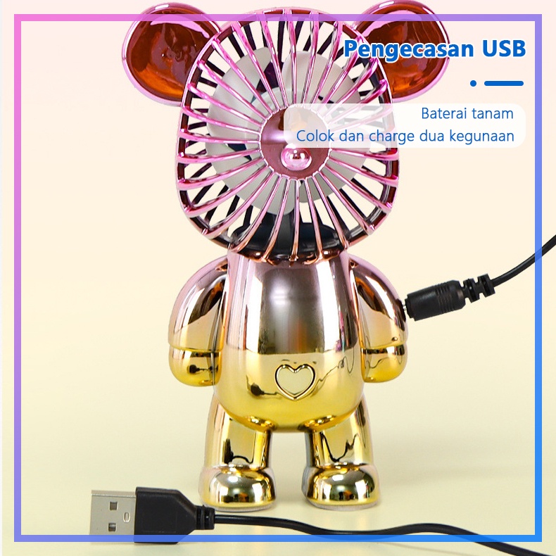ALOBON Kipas Angin Mini Portable Karakter Bearbrick Meja USB Cas 3 Pengaturan Kecepatan Bentuk Beruang Alas Anti Selip Bagian Bawah