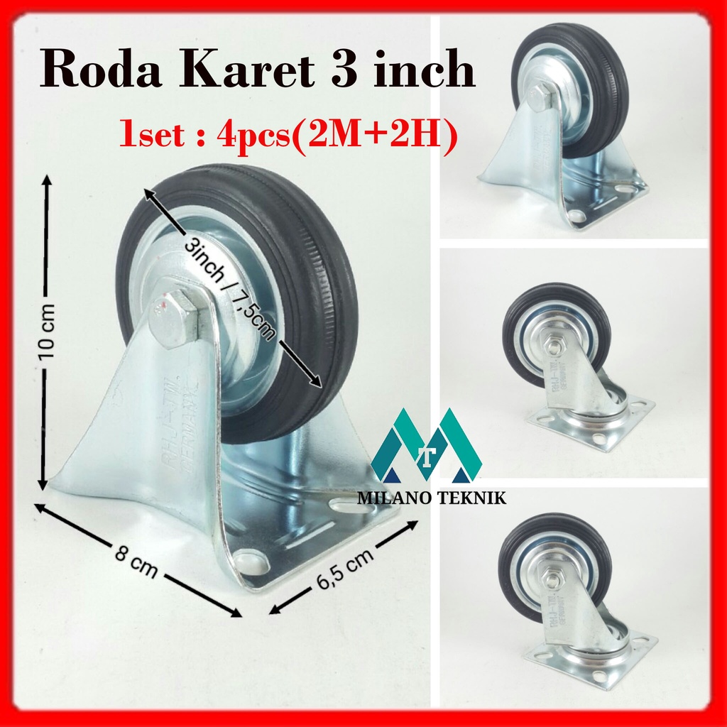 Roda troli 3&quot; (2H+2M) roda karet etalase trolley gerobak 3 inch