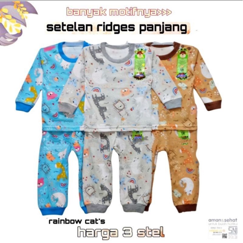 3pcs-ridges Setelan Panjang ridges terbaru rainbow cat's,play your magical, DINO PARASUT / piyama an