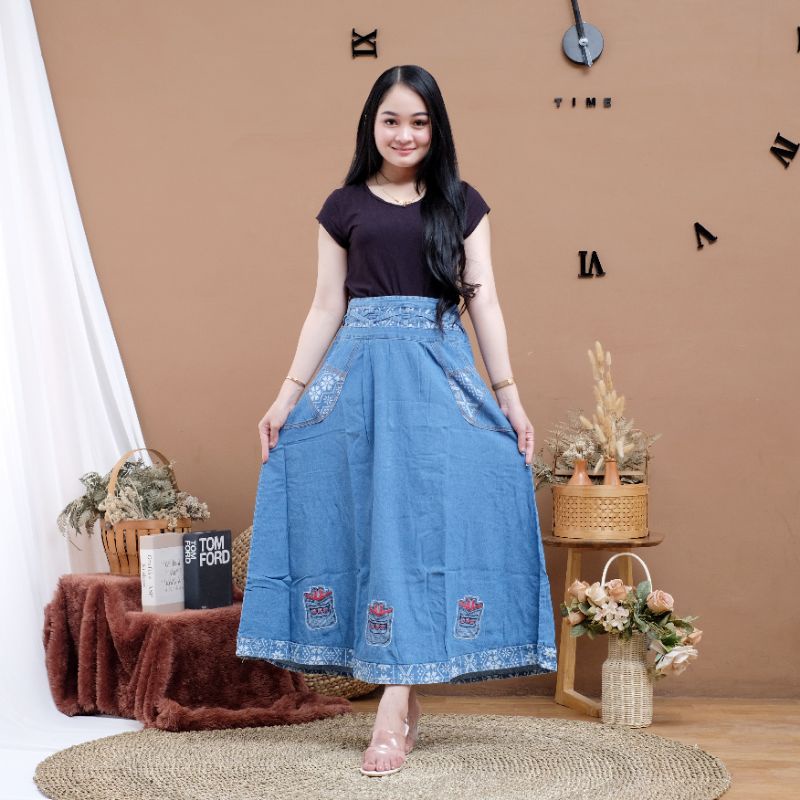 Toball - Rok Bordir Wanita / Rok Jeans Wanita Dewasa / Rok Panjang / Rok Bordir Cantik