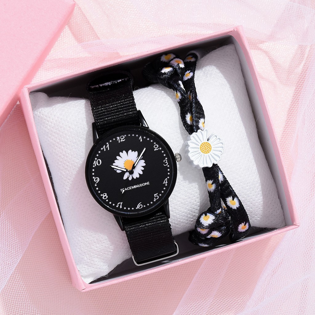 ✅COD Jam Tangan Wanita Quartz Analog Motif Bunga Daisy Bahan Nilon Kanvas Untuk Wanita Watch