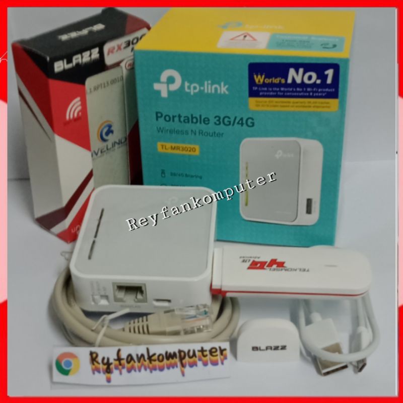 ACM 689 Paket Router TP-Link MR3020 dan modem USB 4G LTE BLAZZ RX300 Unlock Siap Pakai