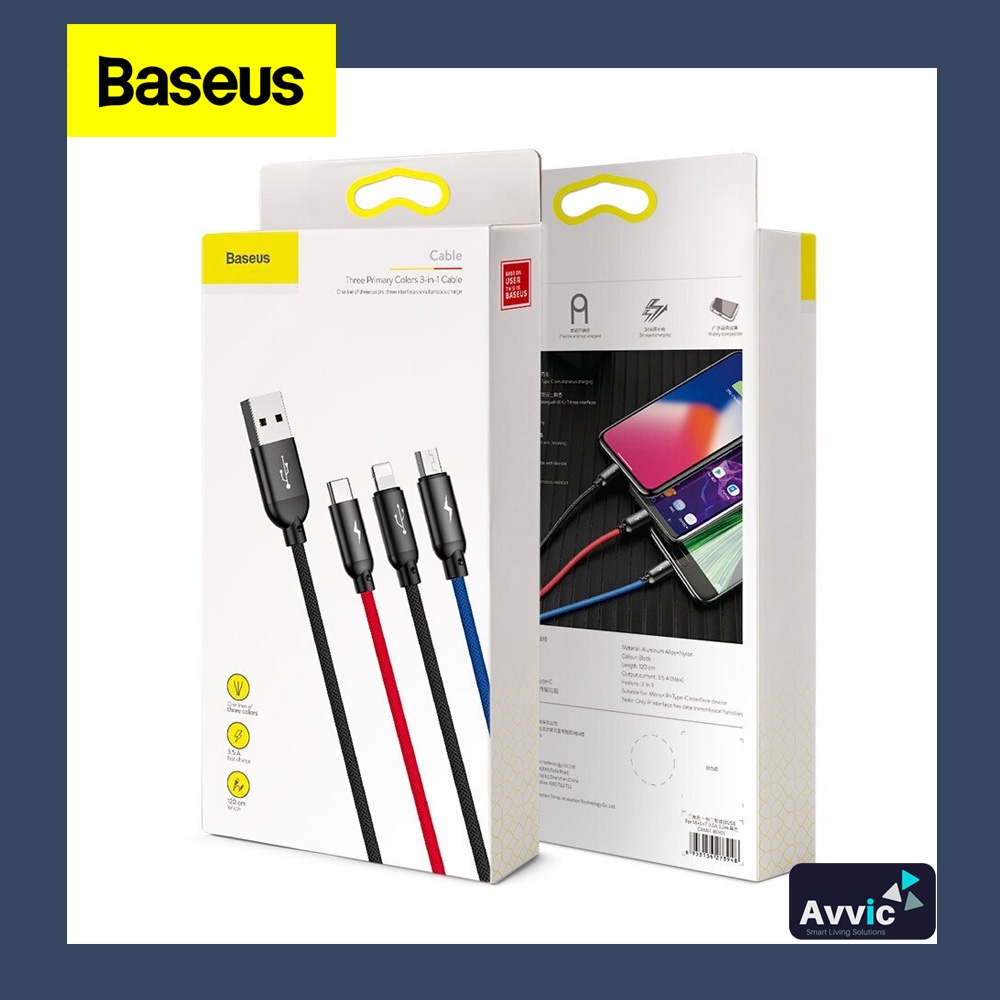 BASEUS KABEL DATA PRIMARY COLORS 3IN1 MICRO+LIGHTNING+TYPE-C 3.5A 1.2M