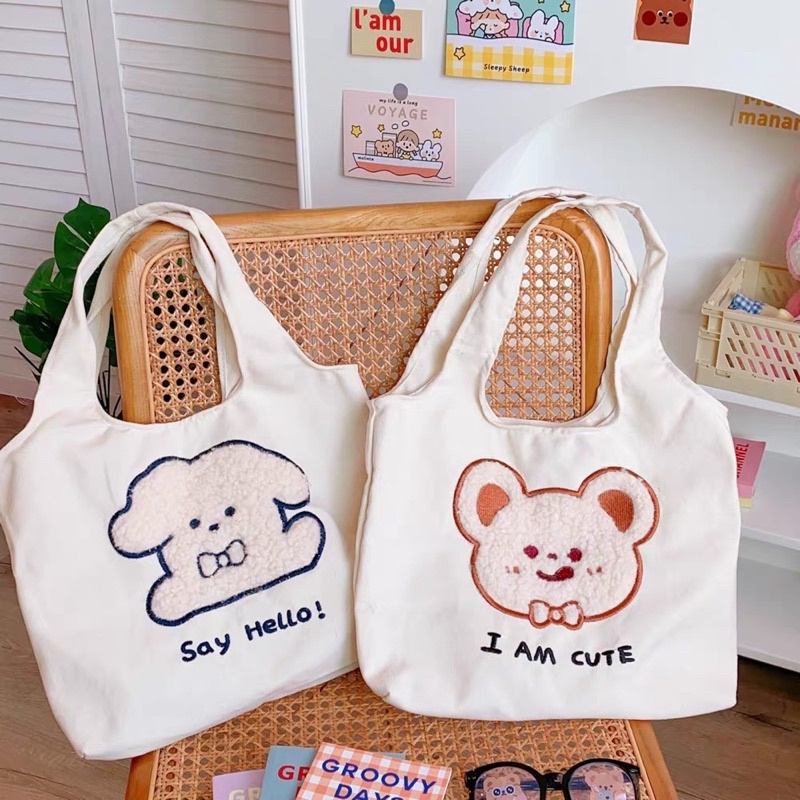 TERBARU TOTEBAG KANVAS AESTHETICS ORIGINAL JOLINE OFFICIAL / TOTEBAG WANITA KULIAH / TAS TOTE BAG BESAR UNTUK LAPTOP / CANVAS TOTE BAG KANTONG MOTIF BERUANG DAN RABBIT / CUTE TOTEBAG BEAR AND RABBIT / TAS SEKOLAH