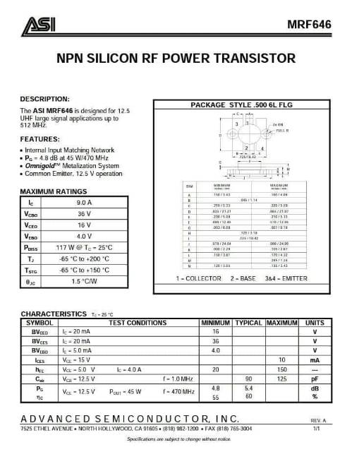 mrf646 transistor 60 watt uhf bisa untuk fm pengganti 2sc2630