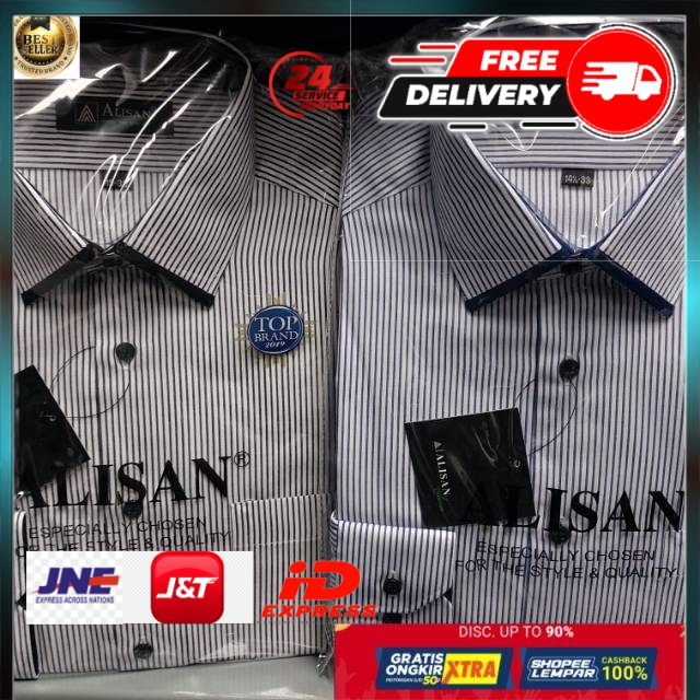 Baju Kemeja Pria Lengan Panjang Terbaru Branded Alisan REG L.Panjang Size 14.5-16 Garis HitamBiru