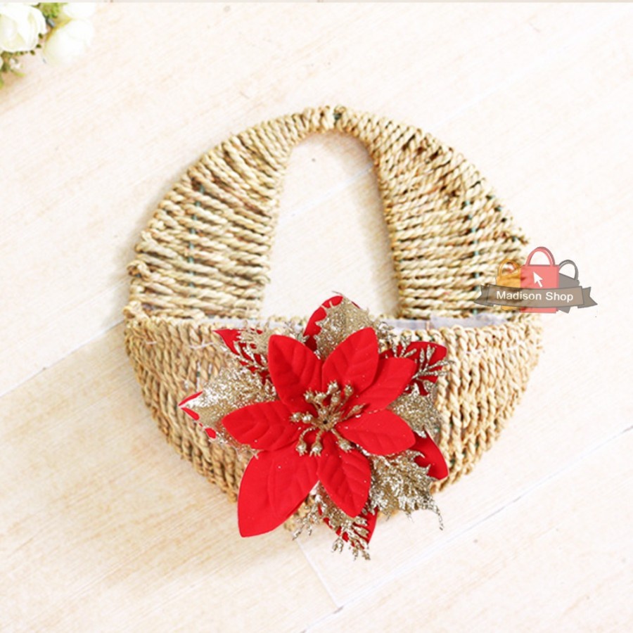 Bunga Natal Merah Gold Hiasan Parcel Christmas Flower Ponsetia Dekor