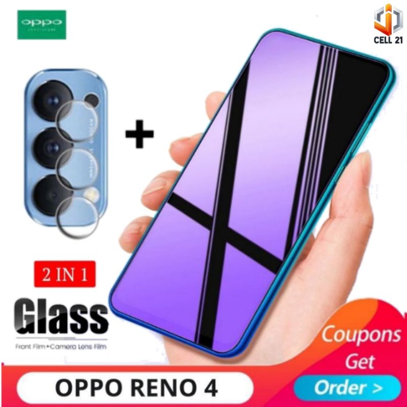 2in1 Tempered Glass Blue Light Oppo Reno 4 - Tg Anti Radiasi Pelindung Camera Belakang Oppo Reno 4