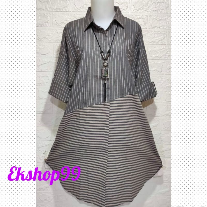 Tunik katun kemeja wanita/Tunik motif salur lengan panjang