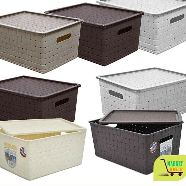 Storage Box Organizer Lugano M Keranjang Plastik Motif Anyaman Rotan Tembikar + Tutup Serbaguna Ukur