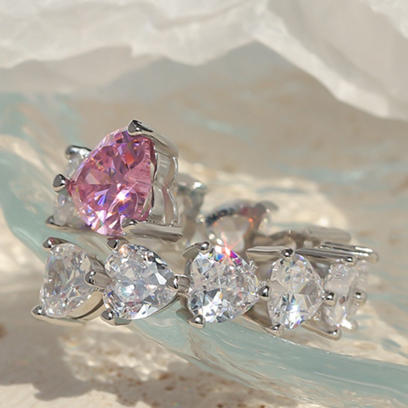 Cincin Model Terbuka Bentuk Hati Geometris Bahan Zirkon Warna Pink Untuk Wanita