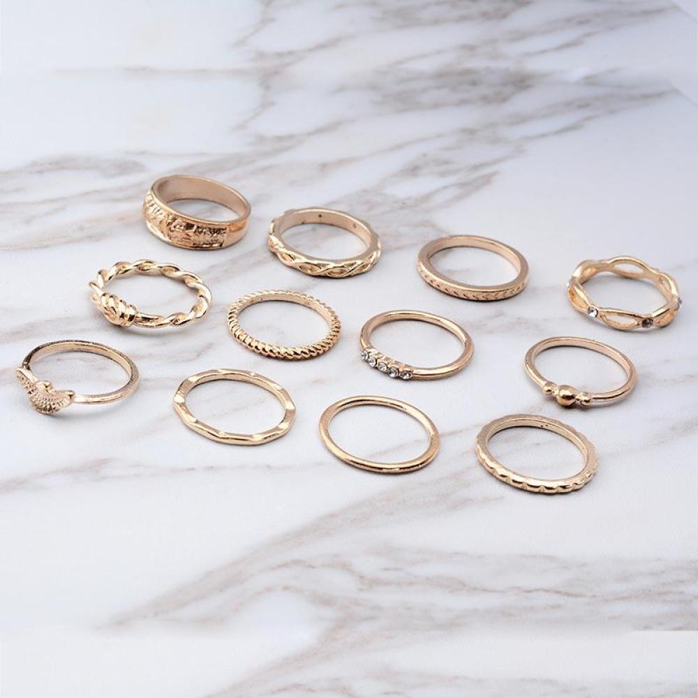 Timekey 12Pcs / Set Cincin Buku Jari Aneka Bentuk Warna Gold Gaya Boho Vintage Untuk Wanita A8K6