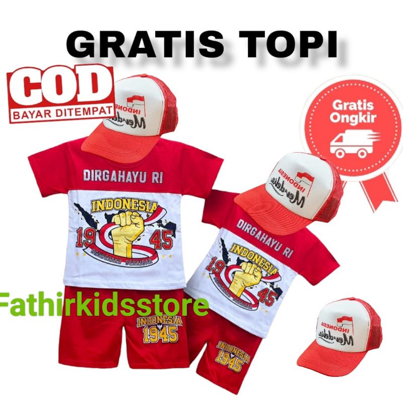 SETELAN ANAK HUT DIRGAHAYU USIA 1-10THN DAPAT TOPI/ SETELAN AJA/ TOPI AJA