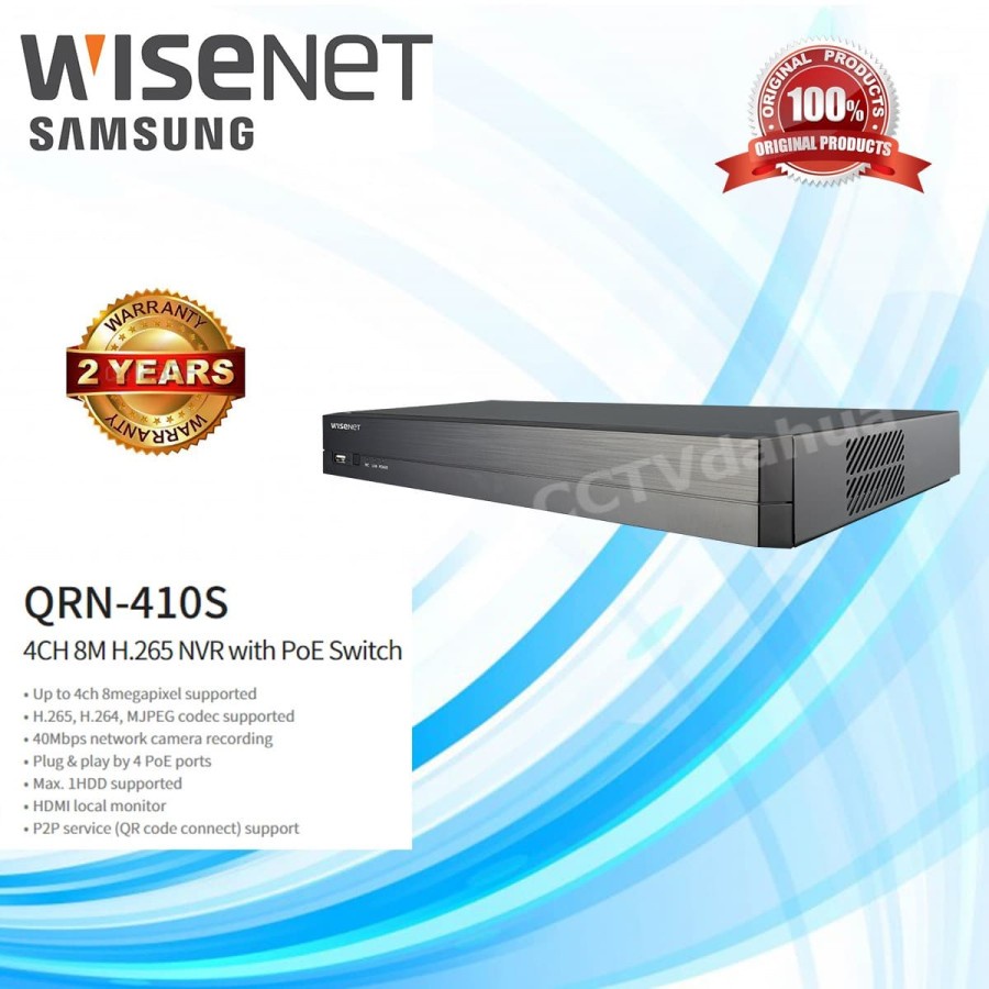 SAMSUNG WISENET QRN-410S 4 CHANNEL 4 POE NVR UHD UP TO 8MP QRN 410S GARANSI RESMI 2 TAHUN