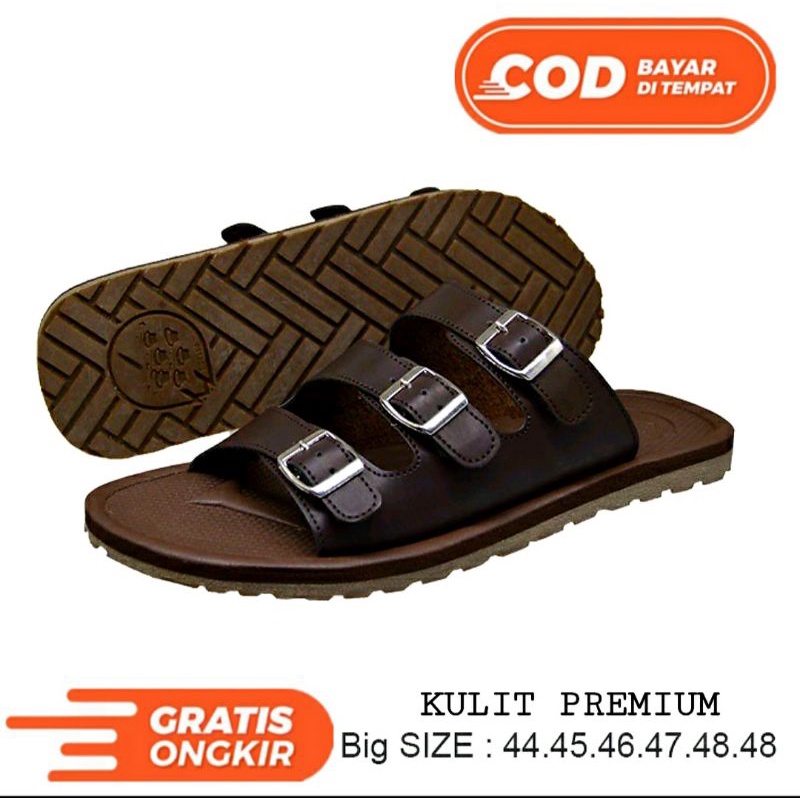 Sendal Pria BIG SIZE 44-45-46-47-48-49 Sandal Three Slide Gesper Men Leather Drak Brown Sandal Kulit