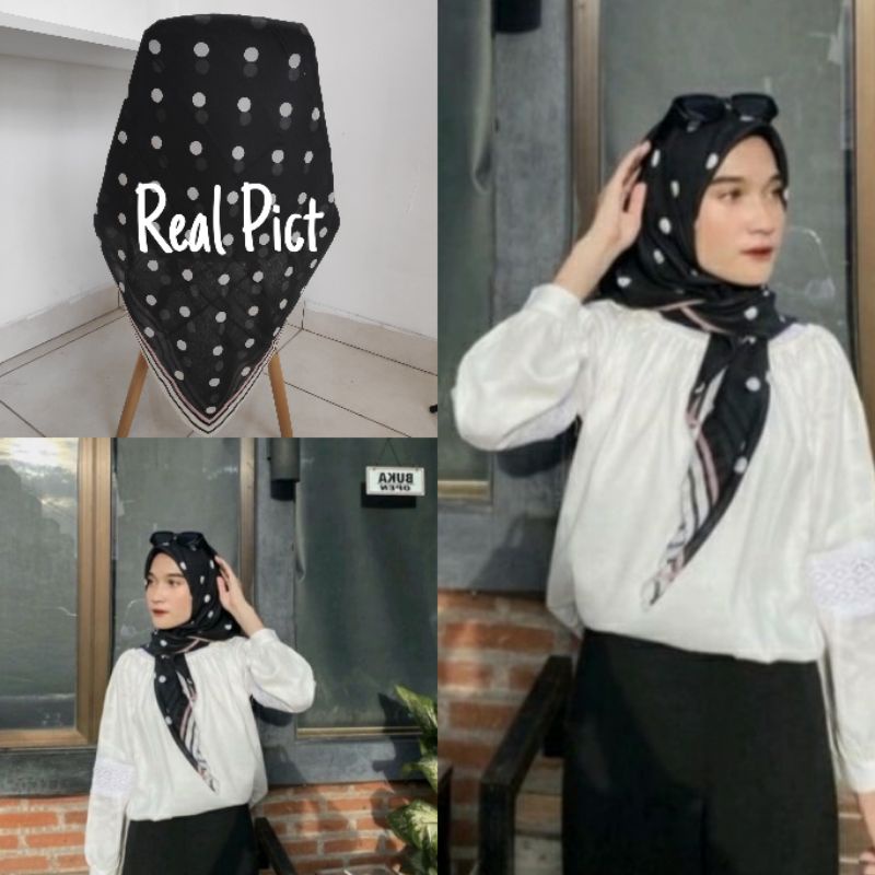 Kerudung vanilla hijab jilbab leopard love rantal polkadot / vanilla hijab segiempat voal motif vanilla chain / deenay kw button kw lasercut-Polkadot hitam