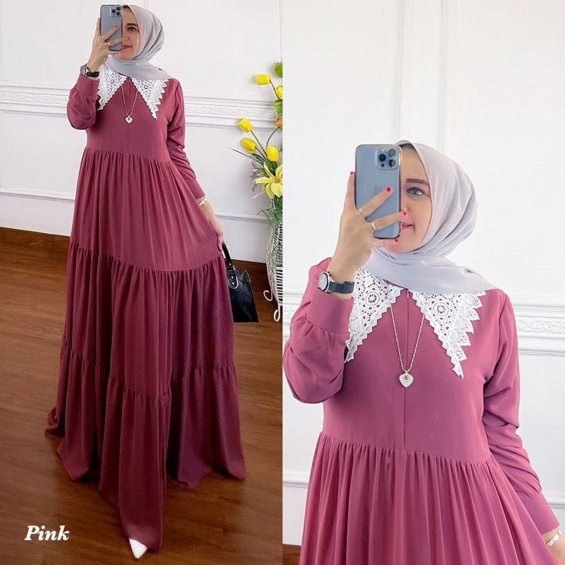 Gamis Terbaru 2022 Lianka Dress Gamis Malaysia Ceruty Babydoll Aksen Renda Baju Kondangan Wanita Gaun Pesta Muslimah