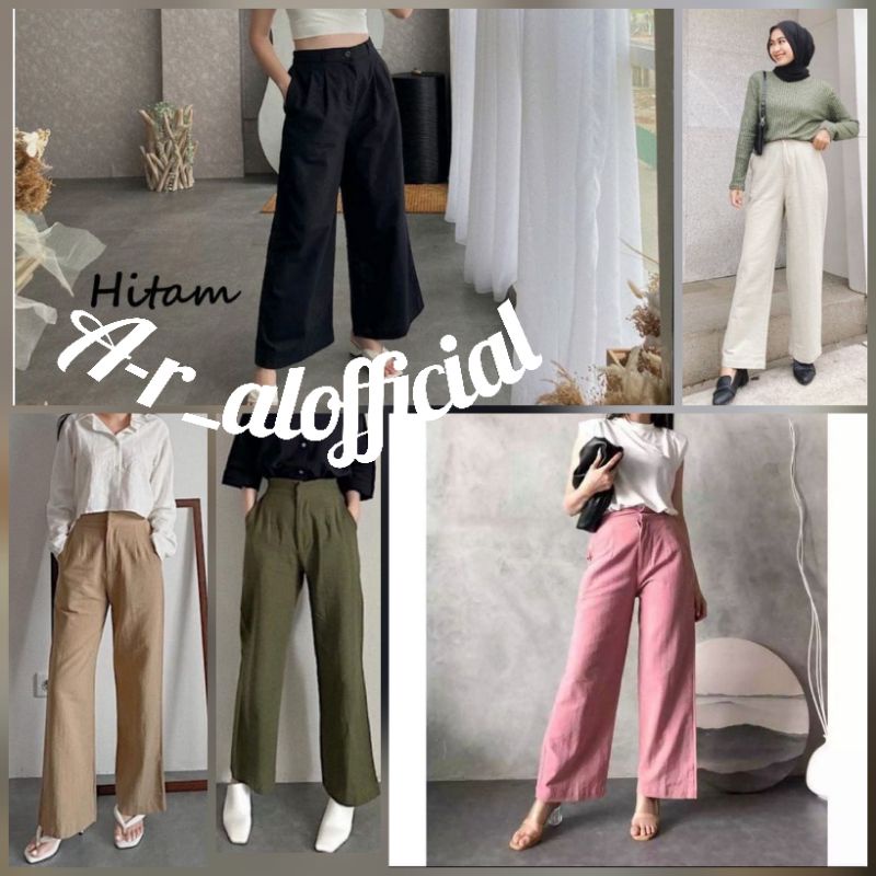 Celana Kulot Highwaist Kancing Resleting Poli Katun