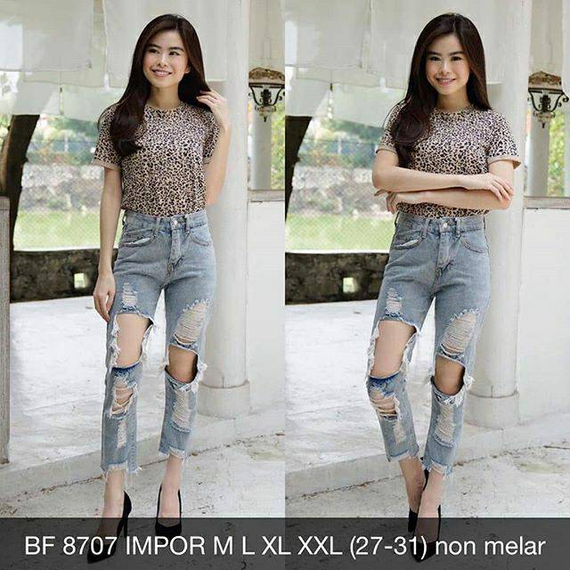 Celana Jeans Wanita Boyfriend 8707 Import Ripped Sobek Skinny Branded Murah