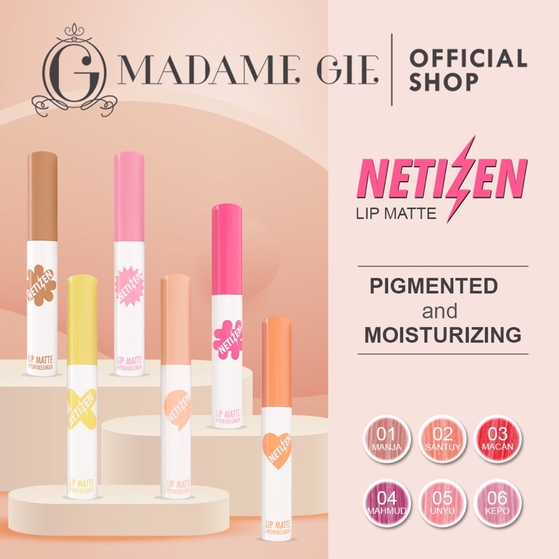 MADAME GIE Lip Matte Netizen Indonesia / Primer BB Foundation Loose Powder Lipstick Eyeshadow Blush On Eyeliner Eyebrow Mascara Lipstick Gloss Balm Kutek / Facial Wash Toner Essence Serum Sunscreen Moisturizer Cream Mask Masker Body Lotion Lipill Paket