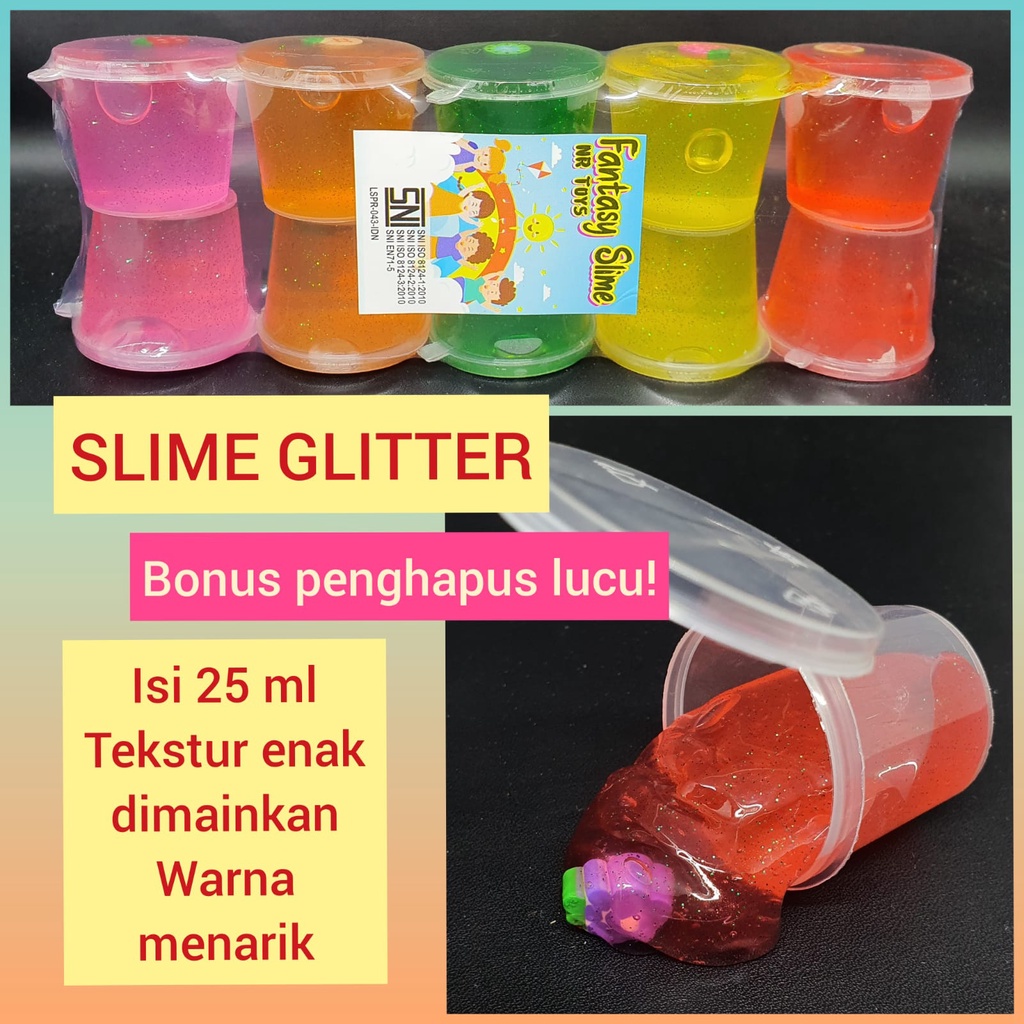 SLIME GLITTER 25 ML BONUS PENGHAPUS LUCU/ SLIME ANAK WARNA WARNI/ MAINAN ANAK JADUL/ MAINAN MURAH