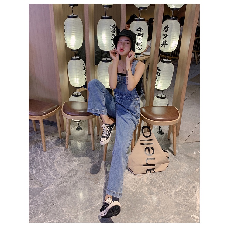 Jumpsuit Celana Lebar Kaki Overall denim panjang Tali Ikat Celana Wanita Tinggi Pinggang Longgar dan Melangsingkan Denim Suspender Celana Wanita