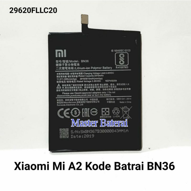 Baterai Xiaomi A2 Redmi 6X Kode Batrai BN36 BN-36 Xioami 6X MiA2 ORI