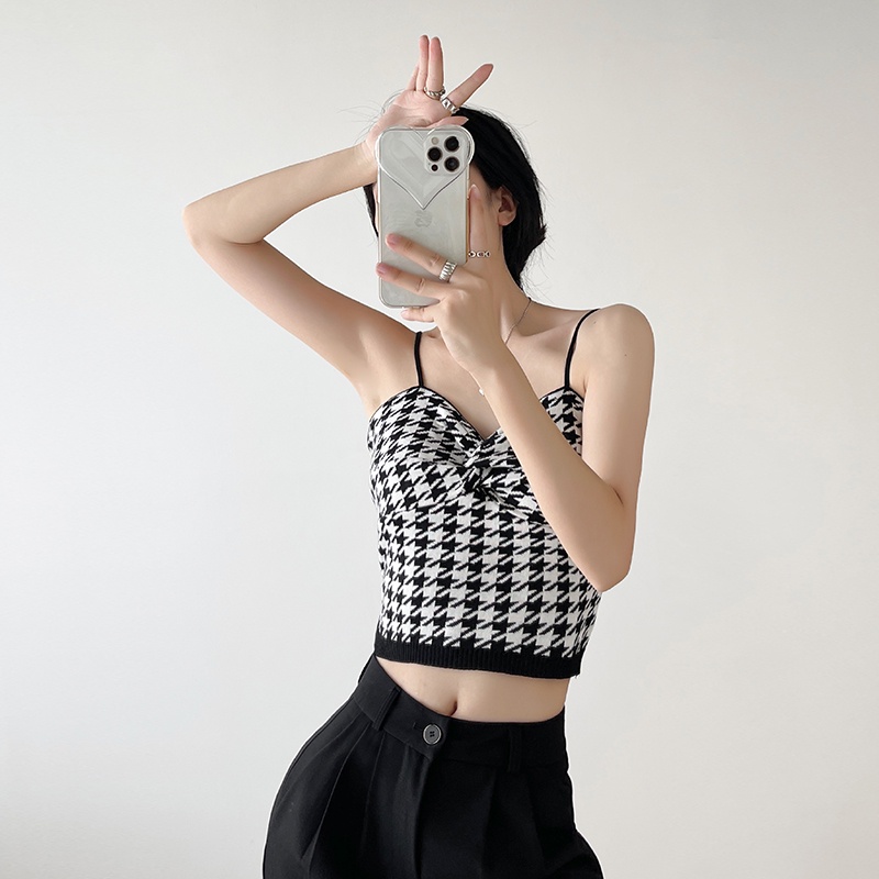 【Elegant】Korean Sexy Sleevless Plaid  Crop Top Tank Top  7485