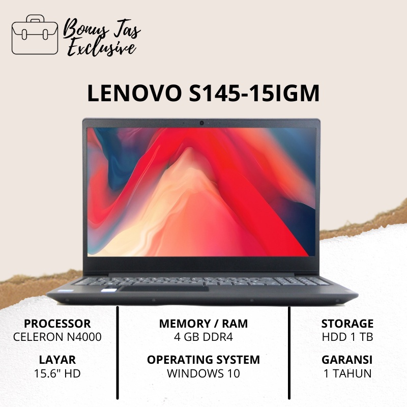 LENOVO S145-15IGM [CELERON N4000 / 4 GB DDR4 / HDD 1 TB + 256 GB SSD / 15.6 INCH HD / BLACK / BONUS INSTALL WINDOWS 10 + OFFICE &amp; TAS EXCLUSIVE] - TEKNO KITA