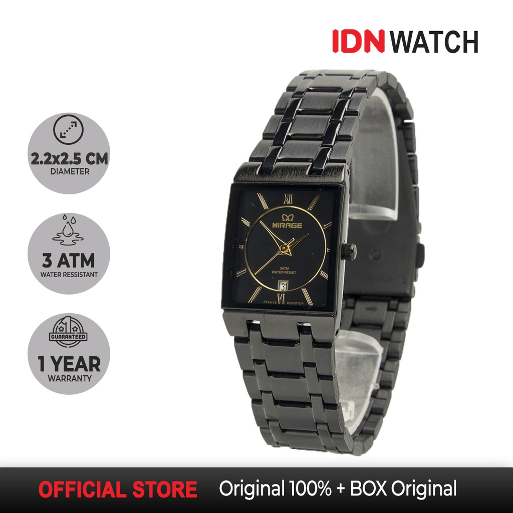 Jam Tangan Mirage Original Wanita Petak Hitam Casual Romawi Stainless Anti Karat Miragewatch 7908