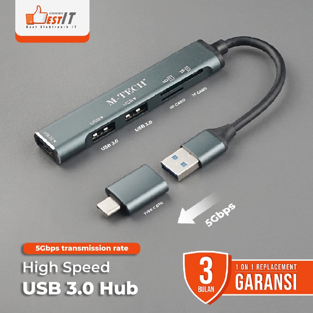 USB HUB 3.0 5 IN 1 3Port USB + Type C OTG,  SD Card, TF Card 5Gbps High Speed M-Tech