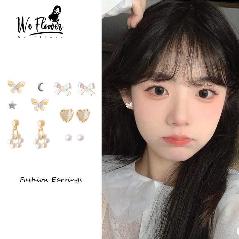 We Flower 6 Pairs s925 Silver Korean Cute Resin Bow Butterfly Earrings for Women Girls Lovely Moon Star Floral Pearl Earring Jewelry Set Daily Wear