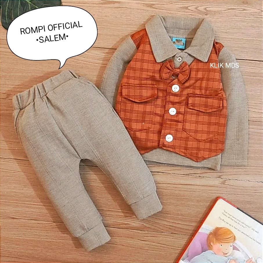 Setelan Anak Laki Laki - Set Kemeja Rompi Baju Bayi cowok Tangan Dan Celana Panjang Motif Rompi Official