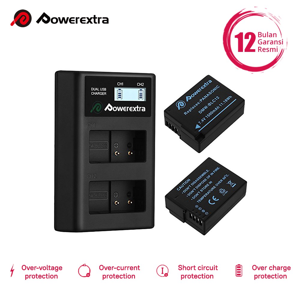 POWEREXTRA BATTERY DMW-BLC12 2 PACK WITH DUAL CHARGER FOR DMC-G5 G6 FZ200, FZ1000 ETC