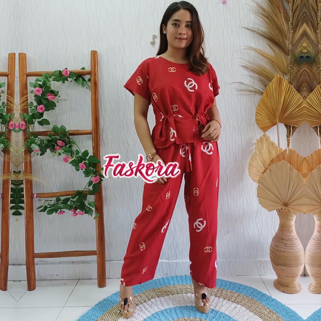 Piyama Rayon Jumbo Lengan Pendek One Set Wanita Kekinian Remaja Pajamas Polos Kombinasi Auristela-DC Merah