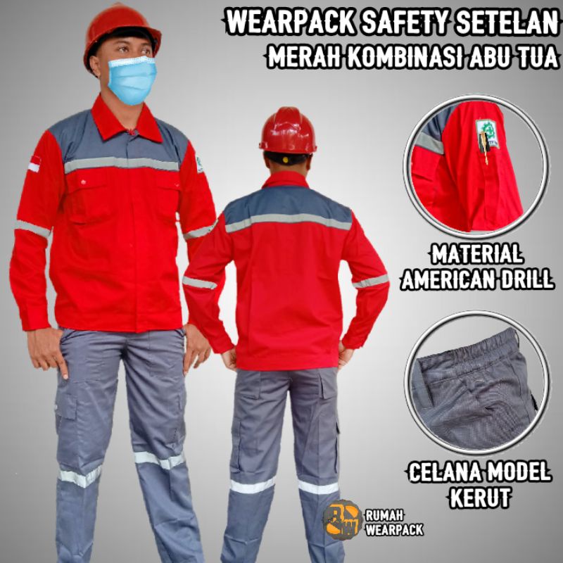 Wearpack Proyek  dan Celana Kerja Setelan Warna Merah Kombinasi Abu Tua