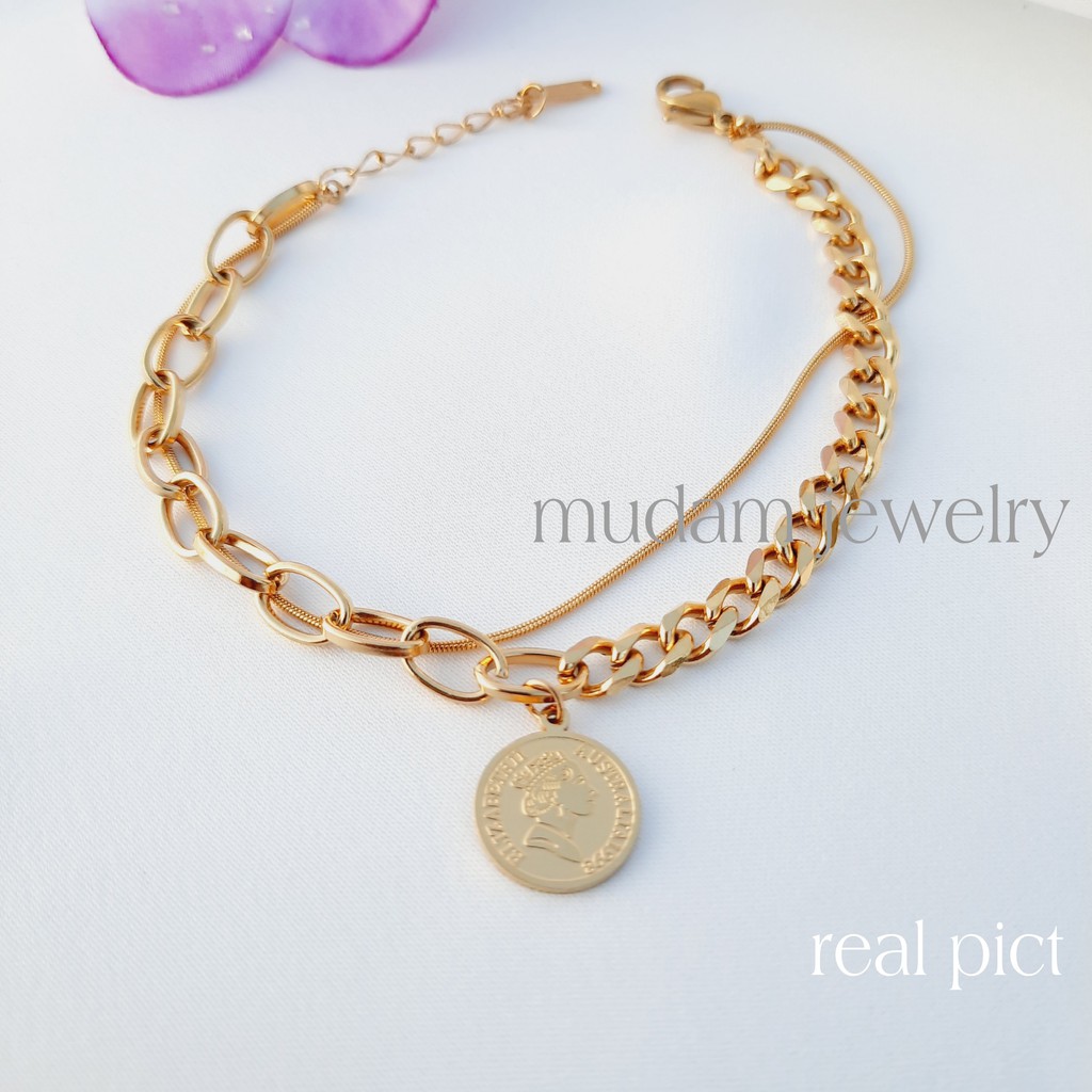 Gelang Titanium Rantai Combinasi 2 Leyer Model Vintage Queen Coin Tersedia Warna Rose Gold dan Gold