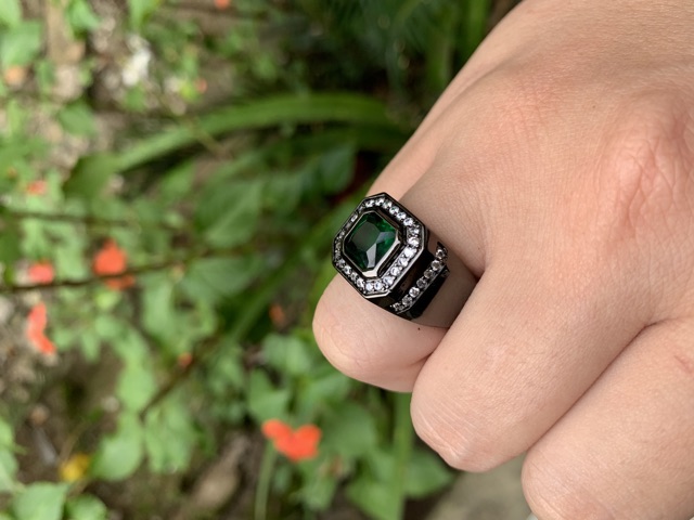 Cincin Pria Akik Zamrud Green Emerald Black Platted Mewah Minimalis Kantoran